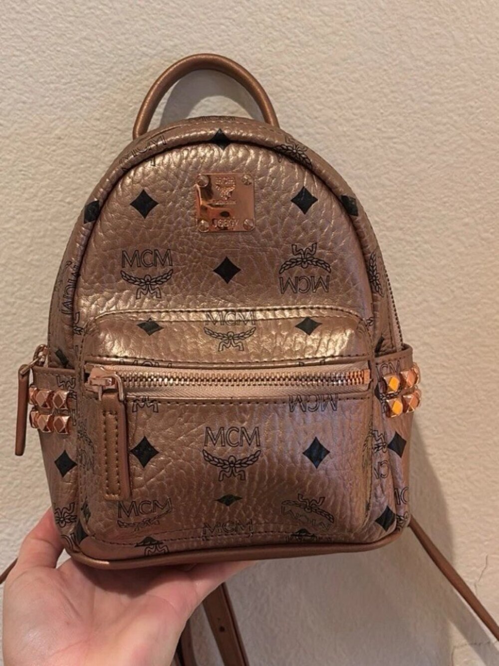 Authentic MCM Rose Good Mini Studded Backpack